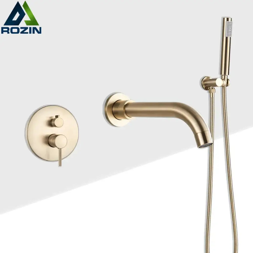 Golden bathtub faucet with hand shower – bathroom wall mount rotating spout
