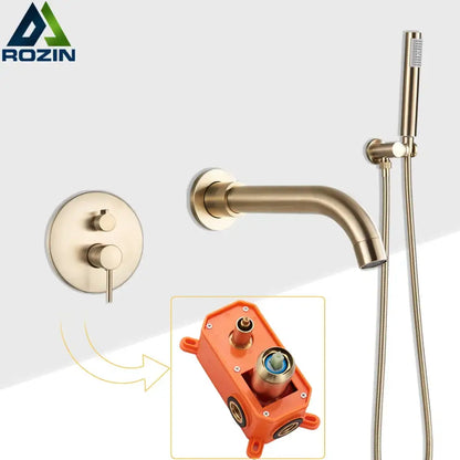 Golden bathtub faucet with hand shower – bathroom wall mount rotating spout