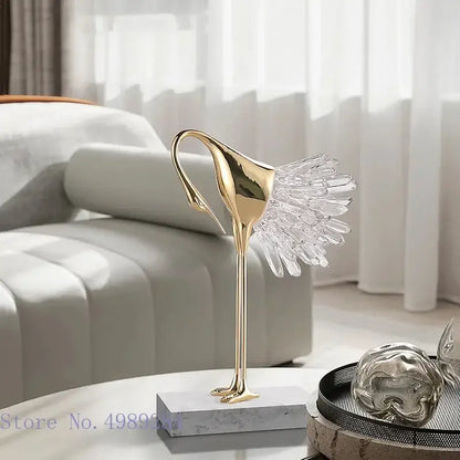 Golden bird agate marble crane statues living room decor