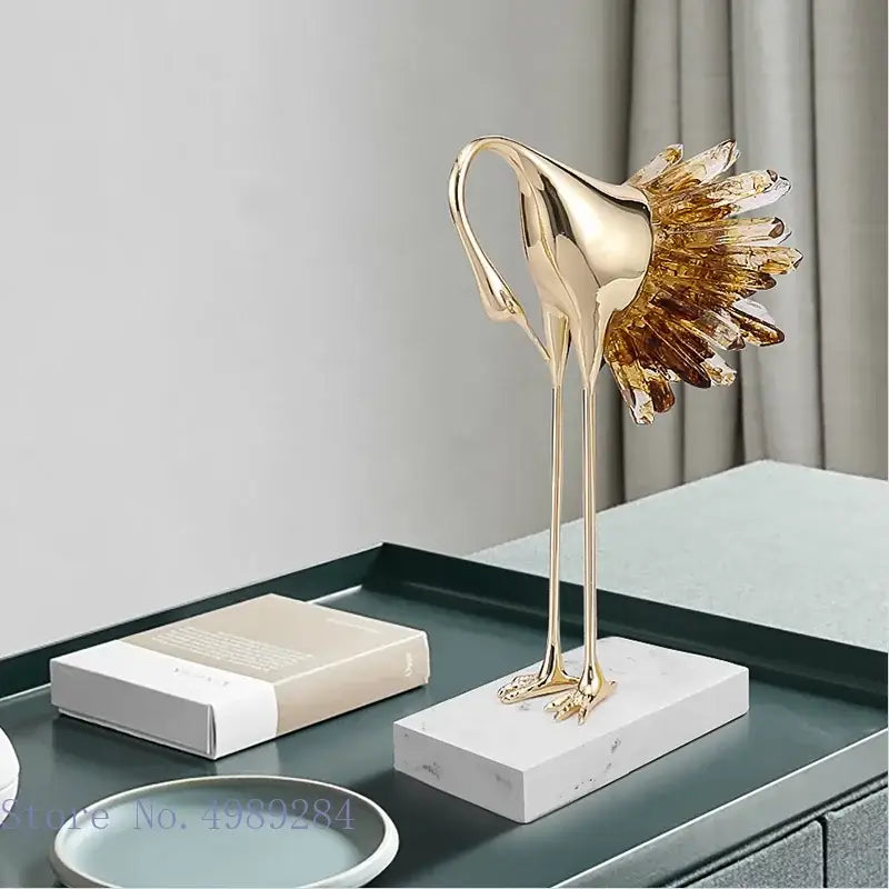 Golden bird agate marble crane statues living room decor