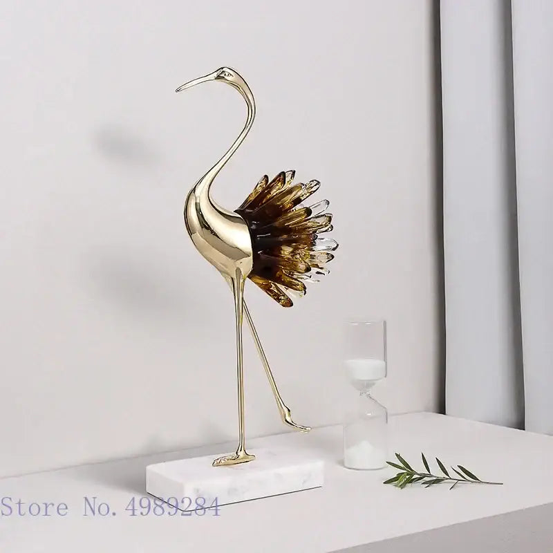Golden bird agate marble crane statues living room decor
