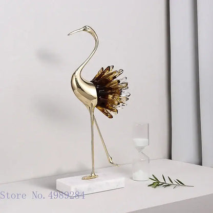 Golden bird agate marble crane statues living room decor