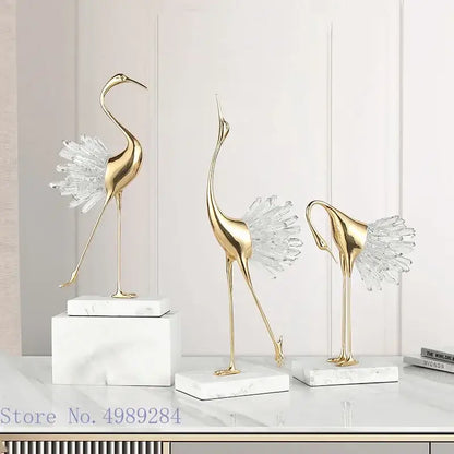 Golden bird agate marble crane statues living room decor