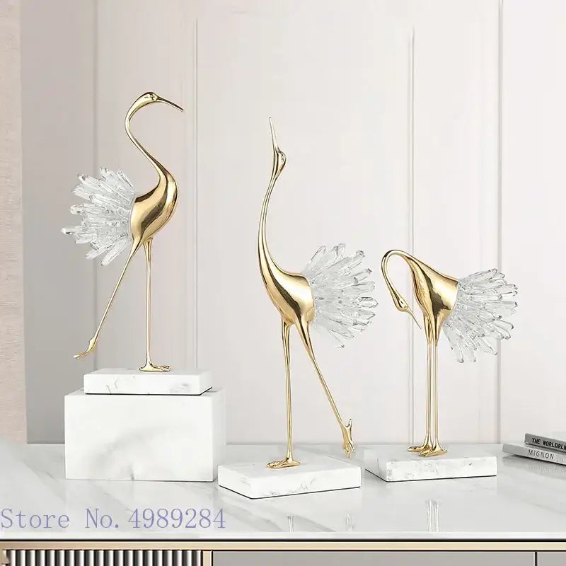 Golden bird agate marble crane statues living room decor