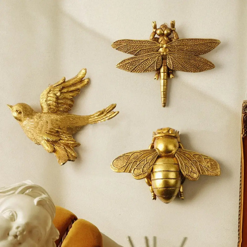 Golden bird and butterfly resin wall decor for living room