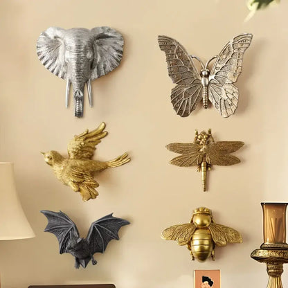 Golden bird and butterfly resin wall decor for living room