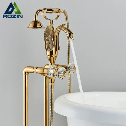 Golden bird freestanding bathtub faucet with crystal handles bathroom