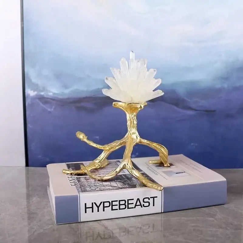Golden bird metal branch sculpture with crystal flowers living room