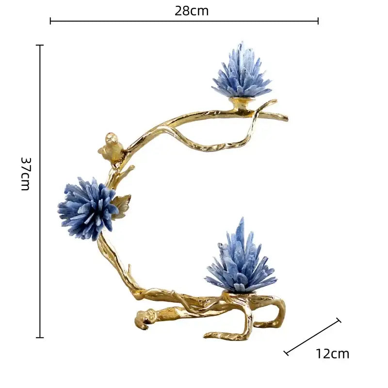 Golden bird metal branch sculpture with crystal flowers living room