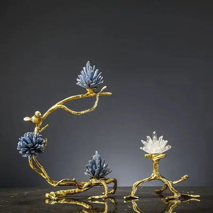 Golden bird metal branch sculpture with crystal flowers living room