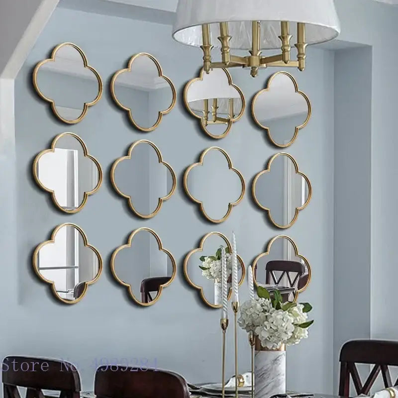 Golden border geometric plum flower mirror set – living room wall decor