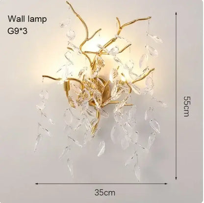 Golden branch ceiling chandelier with crystal leaves for living room
