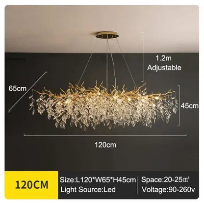 Golden branch ceiling chandelier with crystal leaves for living room