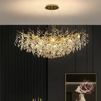 Golden branch ceiling chandelier with crystal leaves for living room