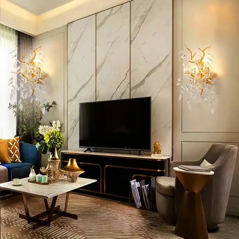 Golden branch crystal wall lamp living room leaf sconce