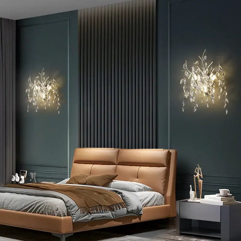 Golden branch crystal wall lamp living room leaf sconce