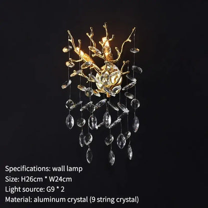 Golden branch crystal wall lamp living room leaf sconce
