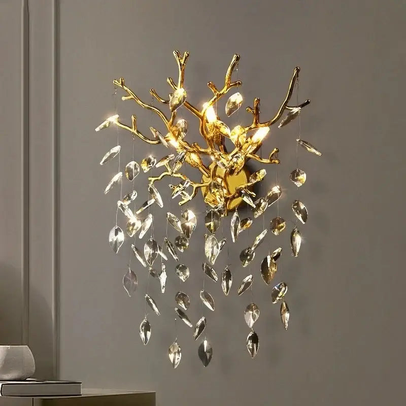 Golden branch crystal wall lamp living room leaf sconce