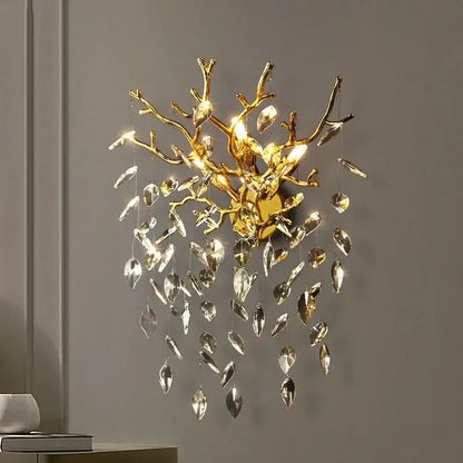 Golden branch crystal wall lamp living room leaf sconce