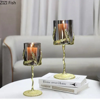 Golden branches candle holders dining room gold leaf glass decor