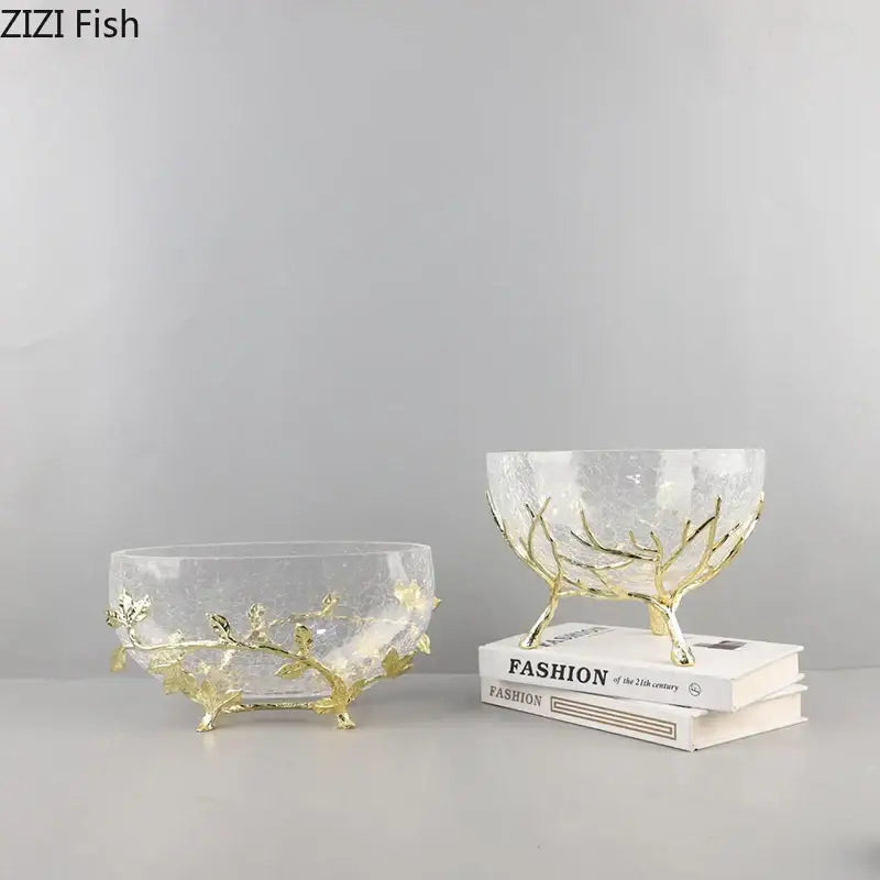 Golden branches crackled glass bowl set kitchen decor