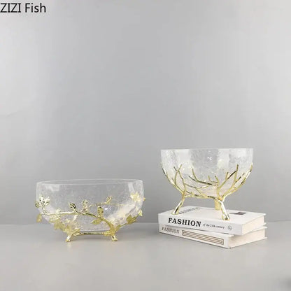 Golden branches crackled glass bowl set kitchen decor