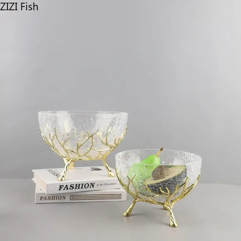Golden branches crackled glass bowl set kitchen decor