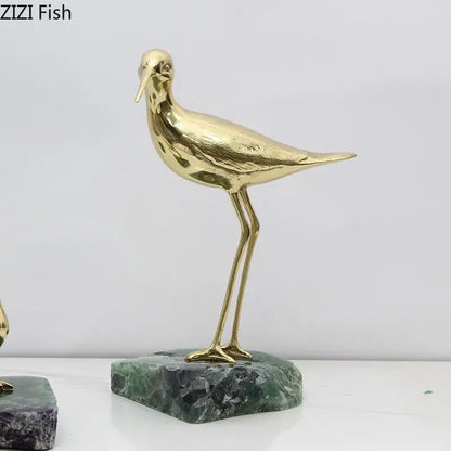 Golden brass bird marble base desk ornament living room statues