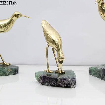Golden brass bird marble base desk ornament living room statues