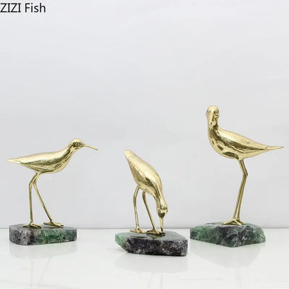 Golden brass bird marble base desk ornament living room statues