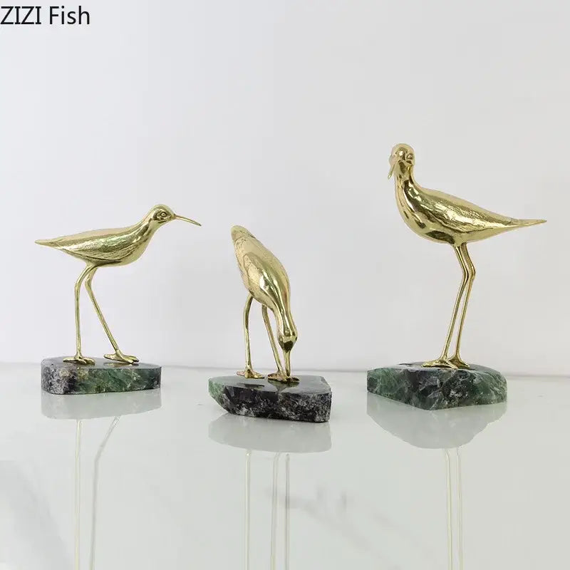 Golden brass bird marble base desk ornament living room statues