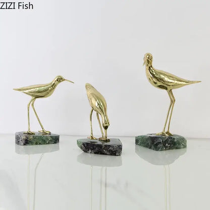 Golden brass bird marble base desk ornament living room statues