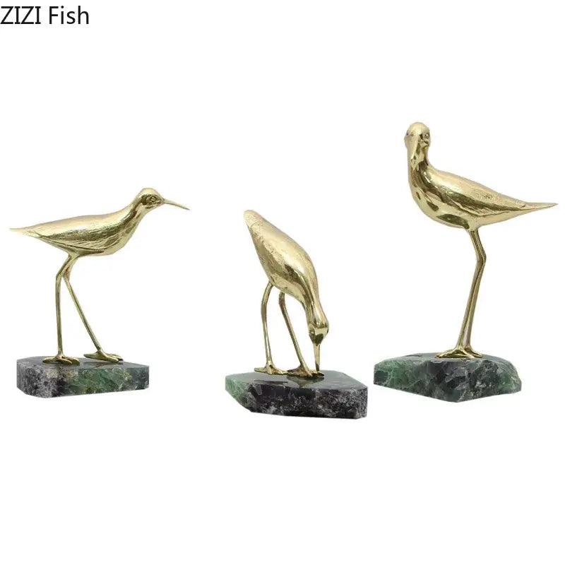 Golden brass bird marble base desk ornament living room statues