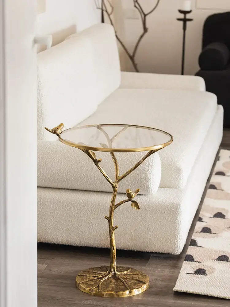 Golden brass bird tree side table living room decor