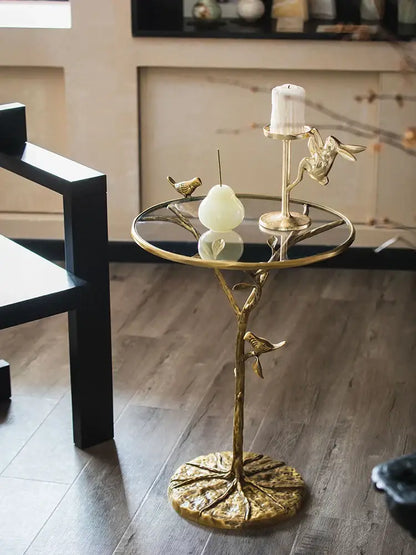 Golden brass bird tree side table living room decor