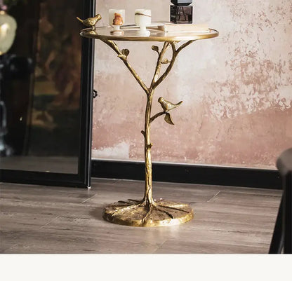Golden brass bird tree side table living room decor