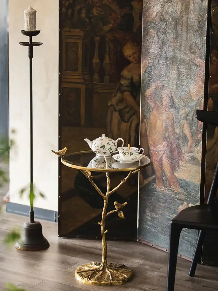 Golden brass bird tree side table living room decor