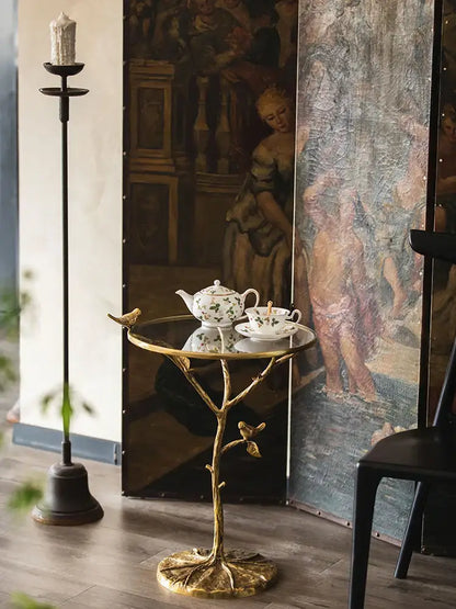 Golden brass bird tree side table living room decor