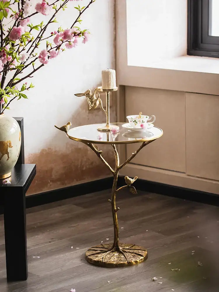 Golden brass bird tree side table living room decor