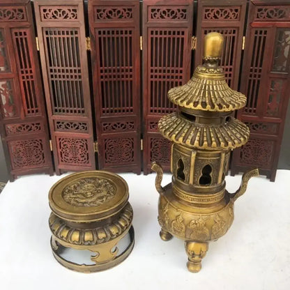 Golden brass three tiered tower incense burner buddhist hall decor