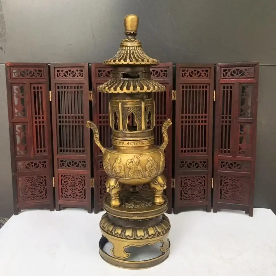 Golden brass three tiered tower incense burner buddhist hall decor