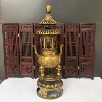 Golden brass three tiered tower incense burner buddhist hall decor