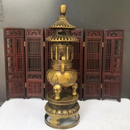Golden brass three tiered tower incense burner buddhist hall decor