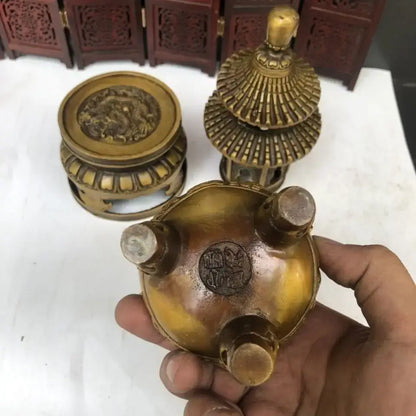 Golden brass three tiered tower incense burner buddhist hall decor