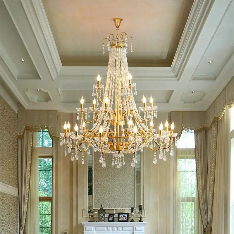 Golden cascading crystal led chandelier pendant light for villa stairs