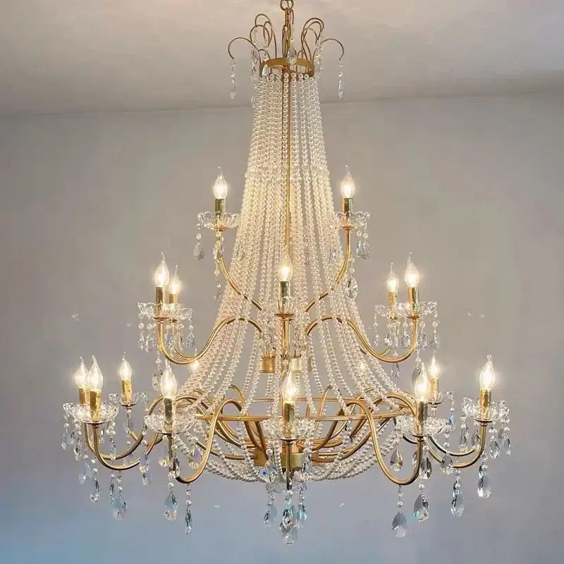 Golden cascading crystal led chandelier pendant light for villa stairs
