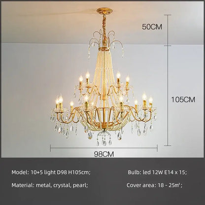 Golden cascading crystal led chandelier pendant light for villa stairs