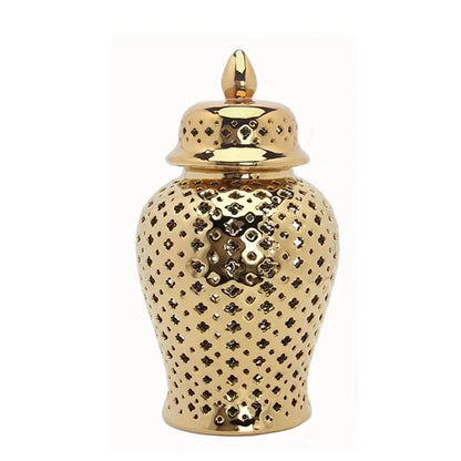 Golden ceramic ginger jar with cutouts living room decor storage pot