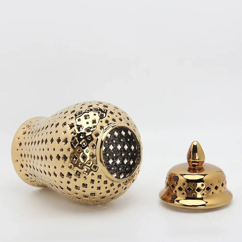 Golden ceramic ginger jar with cutouts living room decor storage pot