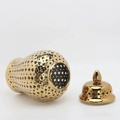 Golden ceramic ginger jar with cutouts living room decor storage pot